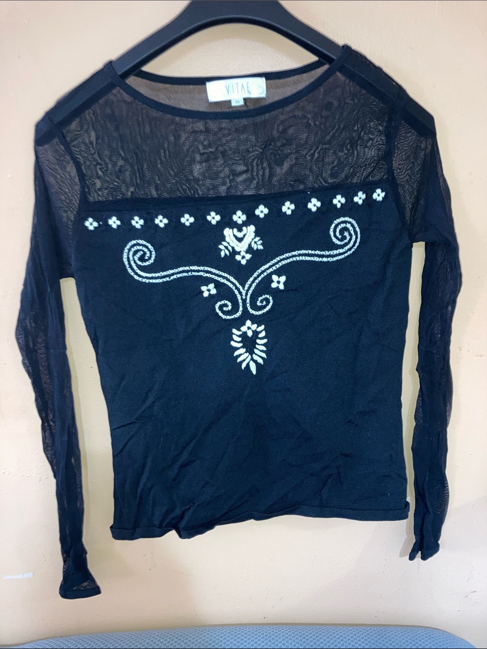 Black Long-Sleeve Mesh Top with White Embroidered Design